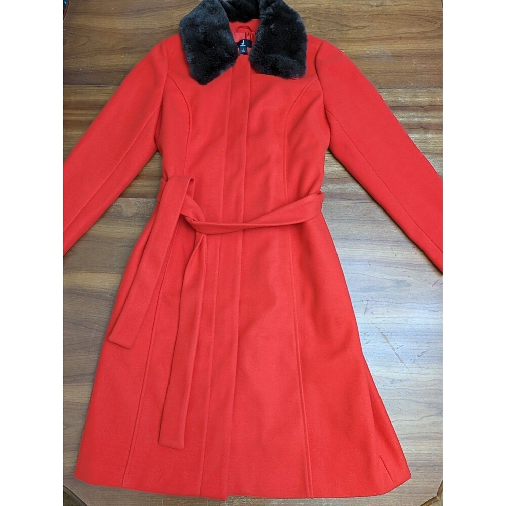 NEW J Jason Wu Women's S Red Zip Long Trench Over Coat Belted Faux Fur Collar